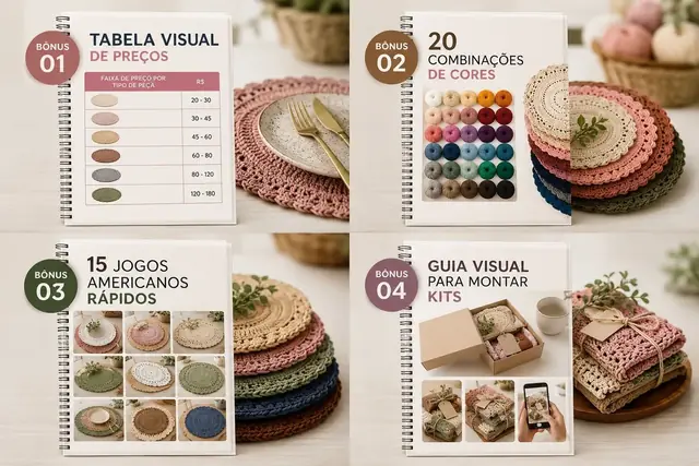Mockup dos 4 bônus do catálogo: Tabela Visual de Preços, 20 Combinações de Cores, 15 Jogos Americanos Rápidos e Guia Visual para Montar Kits